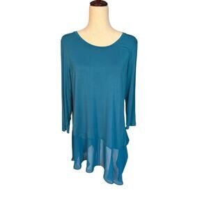 LOGO by Lori Goldstein Blue LARGE 3/4 Sleeve Stretch Top Asymmetric Sheer Hem